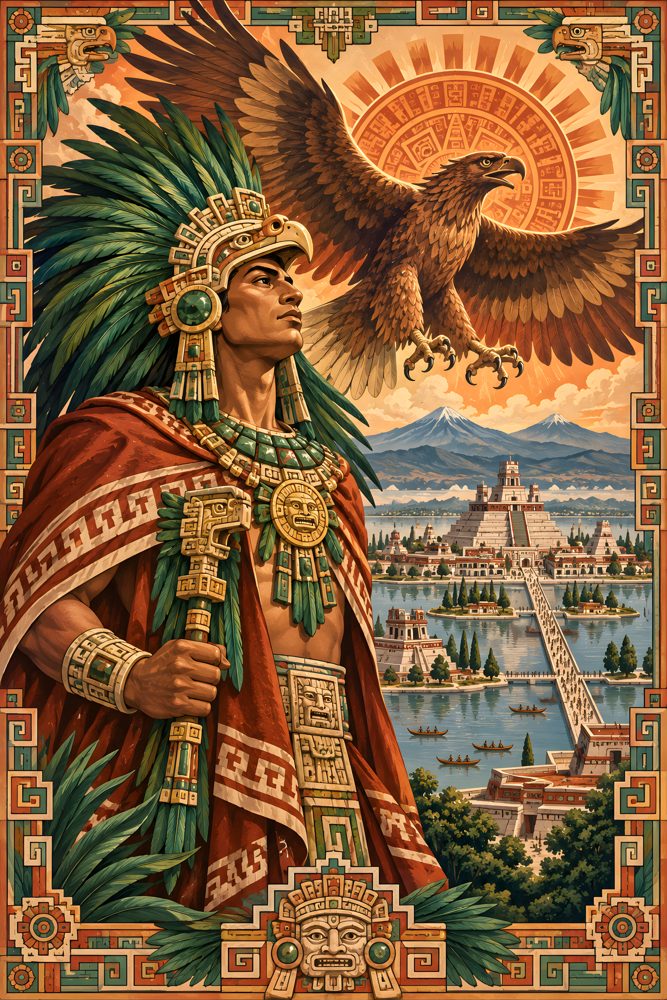 Aztec Eagle Warrior over Tenochtitlan, printable wall art