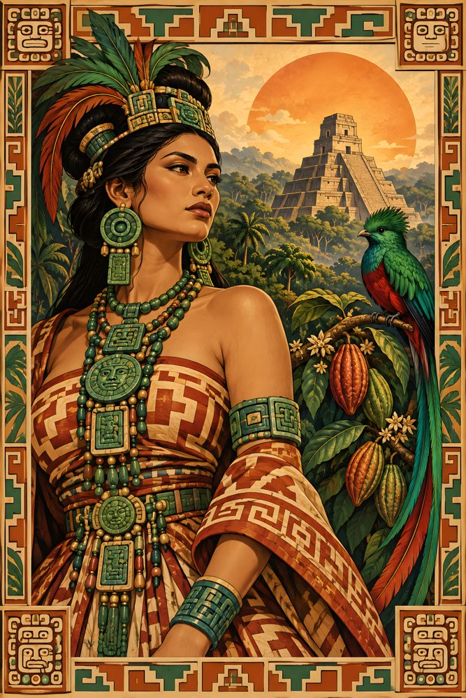 Maya Woman with Quetzal & Pyramid – printable wall art