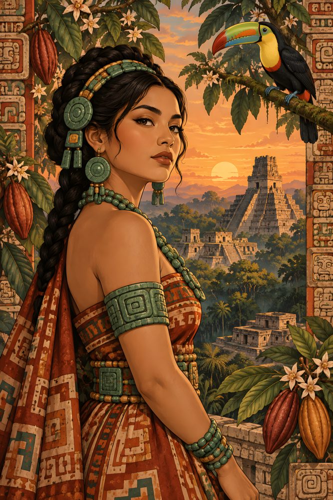 Maya Woman, Toucan & Pyramid at Sunset – printable wall art